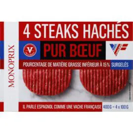 MONOPRIX Steaks hachés pur boeuf 15% mg, surgelés 400g