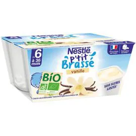 NESTLÉ, P'TIT BRASSÉ Dessert bébé dés 6 mois, vanille Bio 4x90g