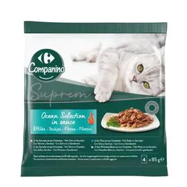 CARREFOUR COMPANINO Pâtée pour chat effilés poissons/crevettes 340g