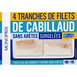 MONOPRIX Tranches de filets de cabillaud sans arêtes, surgelées 400g
