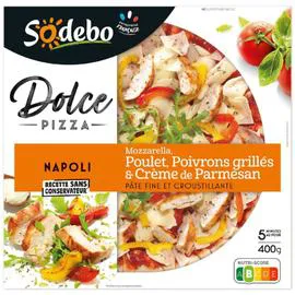 SODEBO Pizza Napoli mozzarella poulet crème de parmesan, poivrons grillés dolce pizza 400g