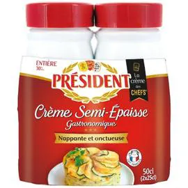 PRÉSIDENT Crème Entière Semi-épaisse Nappante Et Onctueuse 30% Mat.Gr. 2x25cl