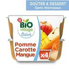 MARQUE REPÈRE, BIO VILLAGE Purée 6 mois Pomme carotte mangue bio 4x100g