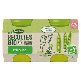 BLÉDINA, LES RECOLTES BIO Petit pot bébé petits pois - dès 4-6 mois 2x130g