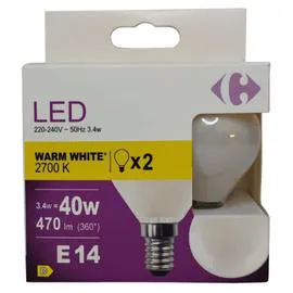CARREFOUR Ampoule LED E14 Sphérique Blanc-chaud 40W X2 x2
