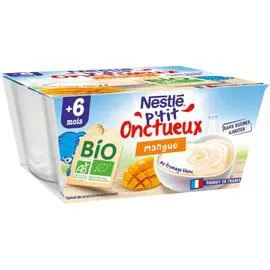 NESTLÉ, P'TIT ONCTUEUX Dessert bébé dés 6mois,mangue Bio 4x90g