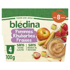 BLÉDINA Purée de fruits bébé dès 8 mois pommes rhubarbes fraises 4x100g