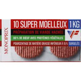 MONOPRIX Préparation de viande hachée. Super Moelleux. Pourcentage de matières grasses inférieur à 15%, surgelés 1kg