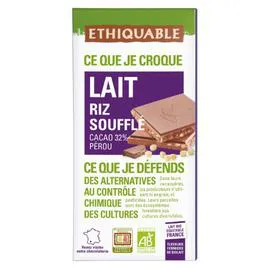 ÉTHIQUABLE Chocolat au lait riz soufflé Pérou Bio 100g