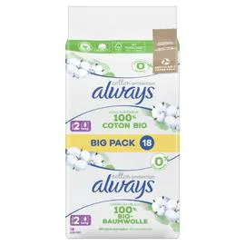 ALWAYS Serviette Hygiènique Voile Supérieur 100% Coton Protection x18