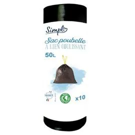 CARREFOUR SIMPL Sac poubelle noir coulissant 50L x10