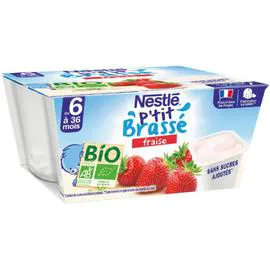 NESTLÉ, P'TIT BRASSÉ Dessert bébé Bio dès 6 mois, brassé fraise 4x90g
