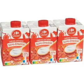 CARREFOUR CLASSIC' Crème entière semi-épaisse 30% MG 3x20cl
