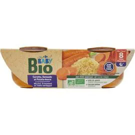 CARREFOUR BABY Plat bébé bio carotte semoule dès 8 mois 2x200g