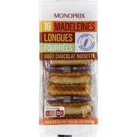 MONOPRIX Madeleines longues fourrées goût chocolat noisette 240g