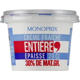 MONOPRIX Crème fraîche entière épaisse. 30% de matières grasses. 200ml