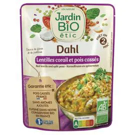 LÉA NATURE, JARDIN BIO ÉTIC Plat cuisiné dhal de lentille corail et pois cassés Bio 250g