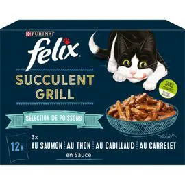 PURINA, FELIX Pâtée pour chat adulte succulent au saumon, au thon, au cabillaud & au carrelet en sauce 12x80g