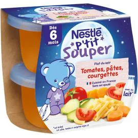 NESTLÉ, P'TIT SOUPER Plat bébé 6+ mois tomates pâtes 2x200g