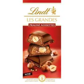 LINDT, LES GRANDES Chocolat noir praliné noisettes 225g