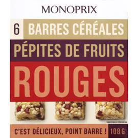 MONOPRIX Barres céréales pépites de fruits rouges 108g