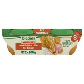 BLÉDINA Plat bébé dès 8 mois mouliné de carottes riz jambon 2x200g