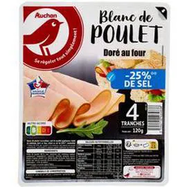 AUCHAN Blanc de poulet doré au four -25% de sel 120g