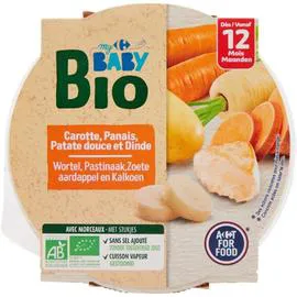CARREFOUR BABY Plat bébé bio carotte dinde dès 12 mois 230g