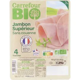 CARREFOUR BIO Jambon bio supérieur sans couenne 4x40g