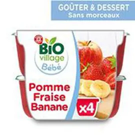 MARQUE REPÈRE, BIO VILLAGE Purée 4 mois Pomme Fraise Banane bio 4x100g