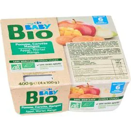 CARREFOUR BABY BIO Dessert bébé bio 6 m pomme carotte mangue 4x100g