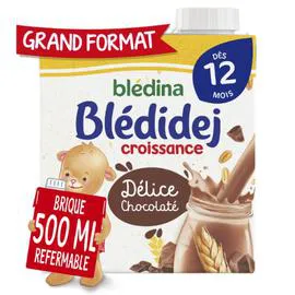 BLÉDINA, BLÉDIDEJ Lait et céréales bébé dès 12 mois saveur délice chocolaté Croissance 500ml