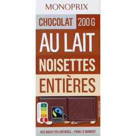 MONOPRIX Chocolat au lait aux noisettes entières, Max Havelaar 200g