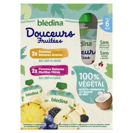 BLÉDINA Compote bébé végétale dès 6 mois pommes bananes ananas lait de coco et pommes bananes myrtilles mûres lait de coco 4x90g