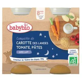 BABYBIO Petit pot bébé dès 8 mois, carotte tomate pâtes 2x200g