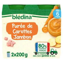 BLÉDINA Petit pot bébé dès 6 mois purée de carottes jambon 2x200g