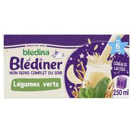 BLÉDINA, BLÉDÎNER Lait et céréales bébé dès 6 mois repas du soir saveur légumes verts 4x250ml