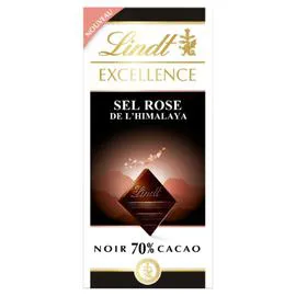 LINDT, EXCELLENCE Chocolat noir 70% Cacao Sel Rose l'Himalaya 100g