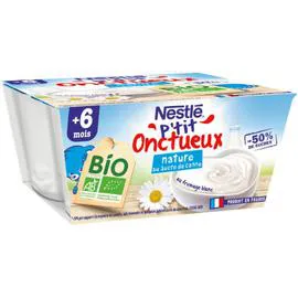 NESTLÉ, P'TIT ONCTUEUX Dessert bébé nature au Sucre de Canne Bio - dès 6 mois 4x90g