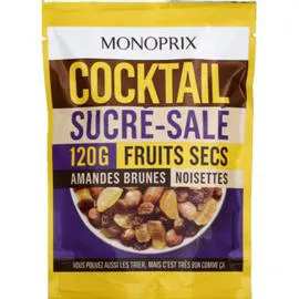 MONOPRIX Cocktail sucré salé aux fruits secs, amandes brunes et noisettes 120g
