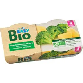 CARREFOUR BABY BIO Plat bébé 4 mois, brocolis pomme de terre 2x120g