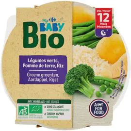 CARREFOUR BABY Plat bébé bio légumes, pdt, riz, dès 12 mois 230g