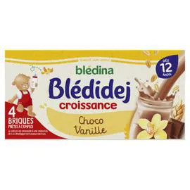 BLÉDINA, BLÉDIDEJ Lait et céréales bébé dès 12 mois saveur choco vanille Croissance 4x250ml