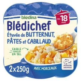 BLÉDINA, BLÉDICHEF Plat bébé dès 18 mois etuvée de butternut pâtes et cabillaud 2x250g