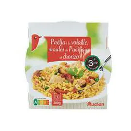 AUCHAN Paëlla à volaille, moules du pacifique et chorizo 3min au micro-ondes 300g