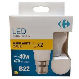 CARREFOUR Ampoule LED Spérique 40W B22 WW x2