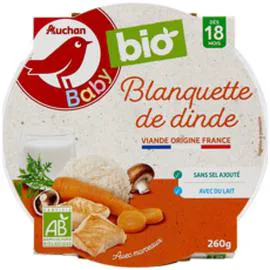 AUCHAN BABY BIO Assiette blanquette de dinde dès 18 mois sans sel ajouté 260g