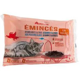 AUCHAN Sachets repas émincés en gelée poissons pour chat 4x100g
