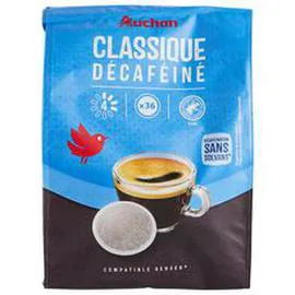 AUCHAN Dosettes de café classico décaféiné intensité 5 compatibles Senseo x36 250g