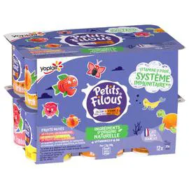 YOPLAIT, PETITS FILOUS Yaourt enfants fruits mixés fraise framboise abricot banane fruits rouges pêche 12x50g